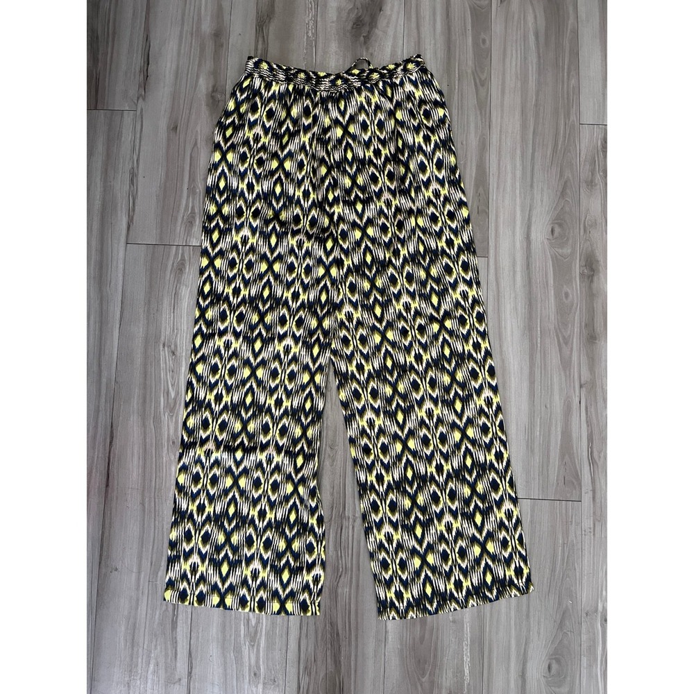 Love Wish Yellow Blue Ikat Print Wide Leg Pants Elastic Waist Womens L PW2314